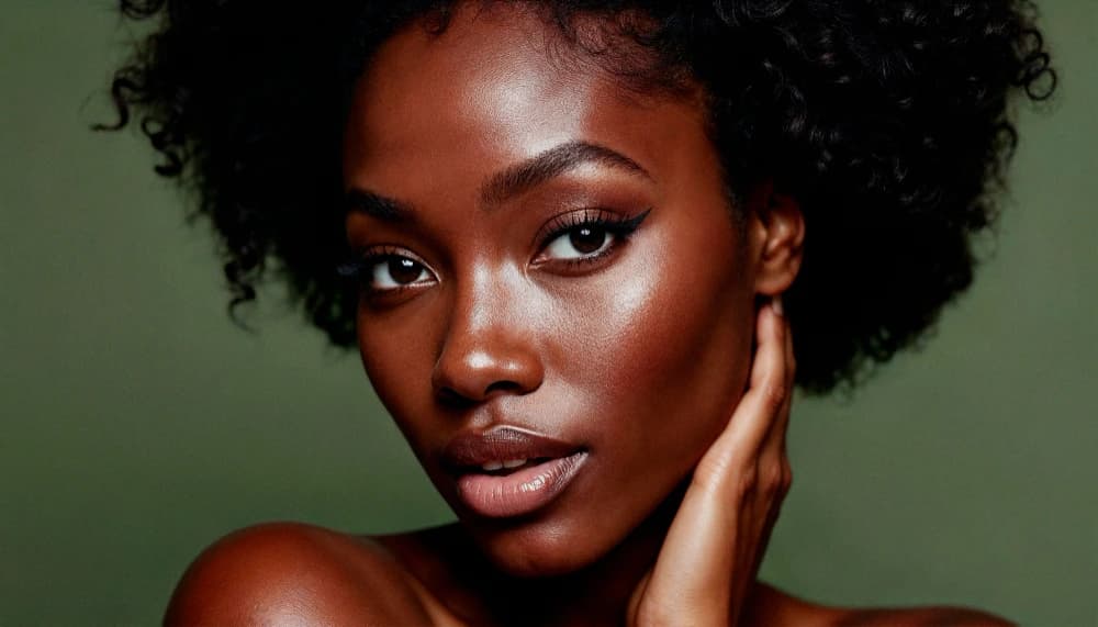 Une femme brune avec une peau parfaite sourit en regardant vers le haut